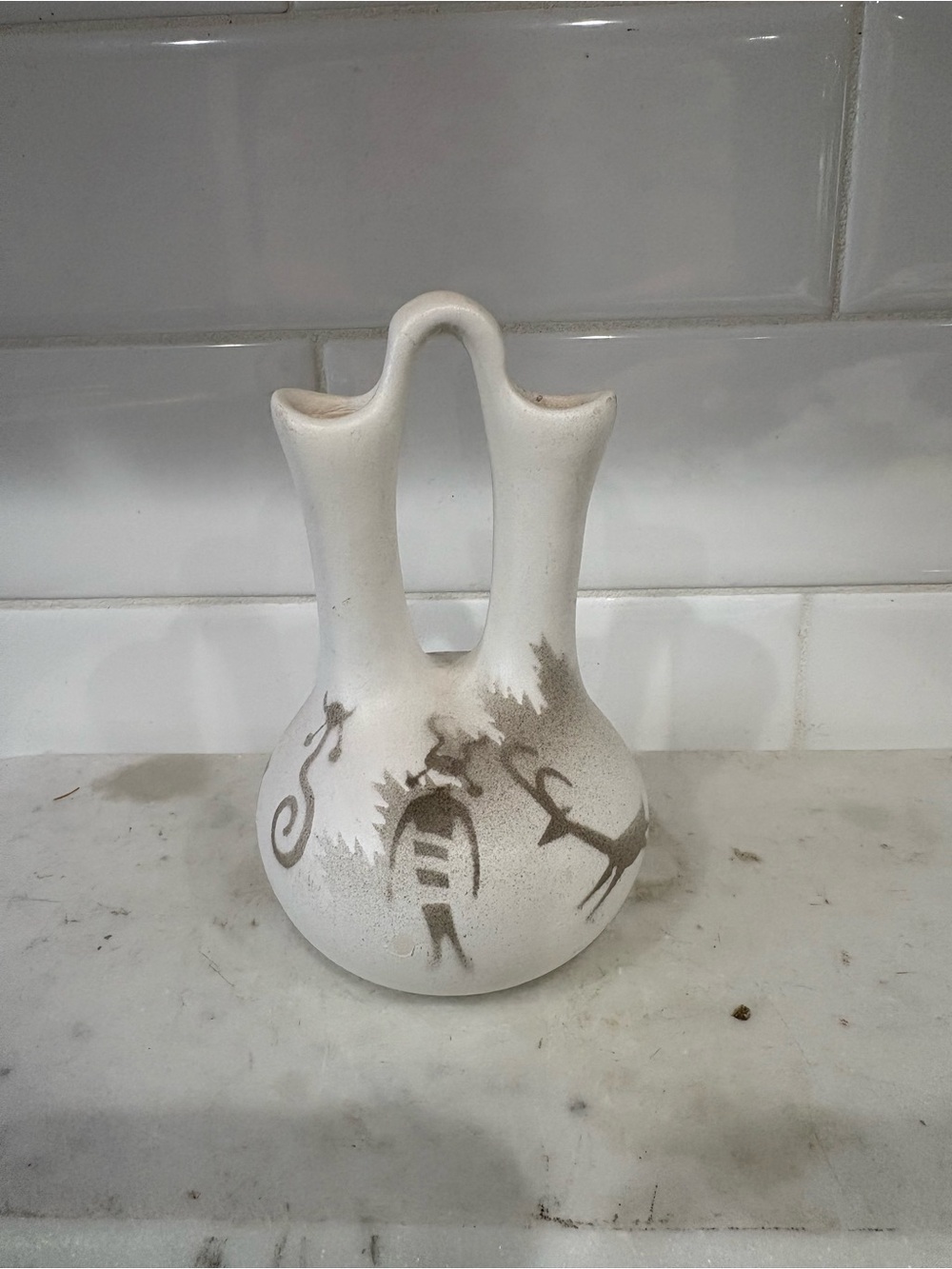 White Double-Spouted Ceramic Vase with Brown Native Motif Accent